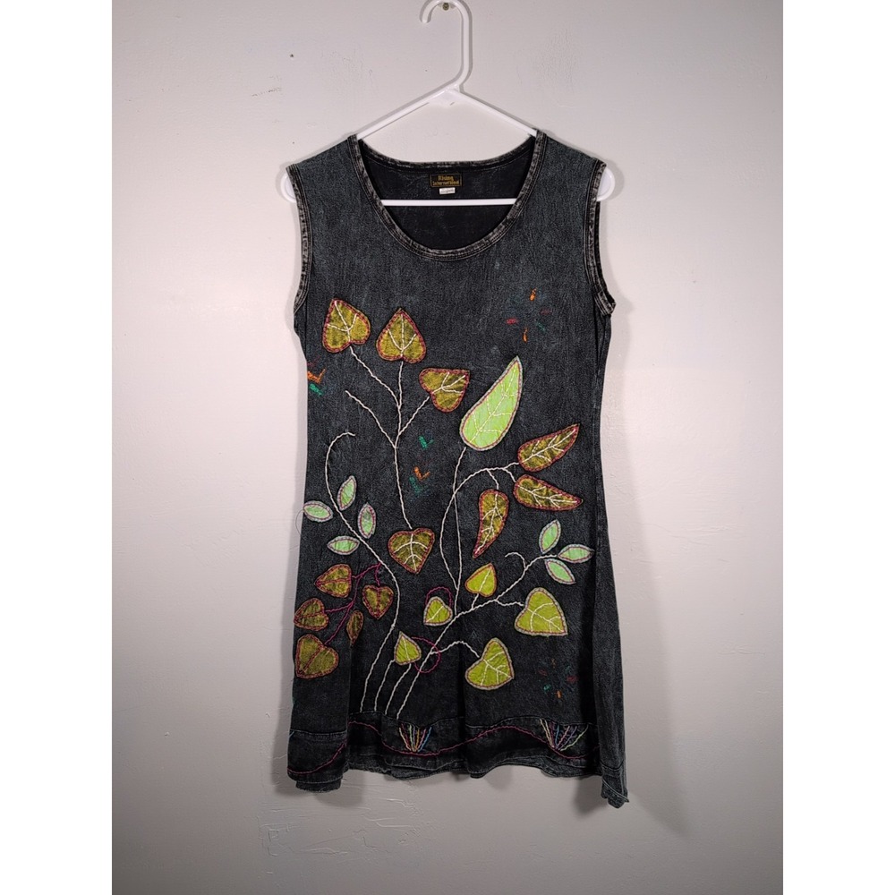 RISING INTERNATIONAL grey distressed embroidered patchwork mini dress Medium
